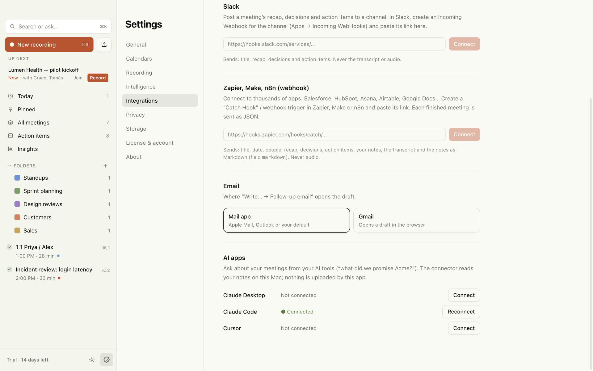Settings → Integrations → AI apps: Claude Desktop, Claude Code and Cursor, each with Connect