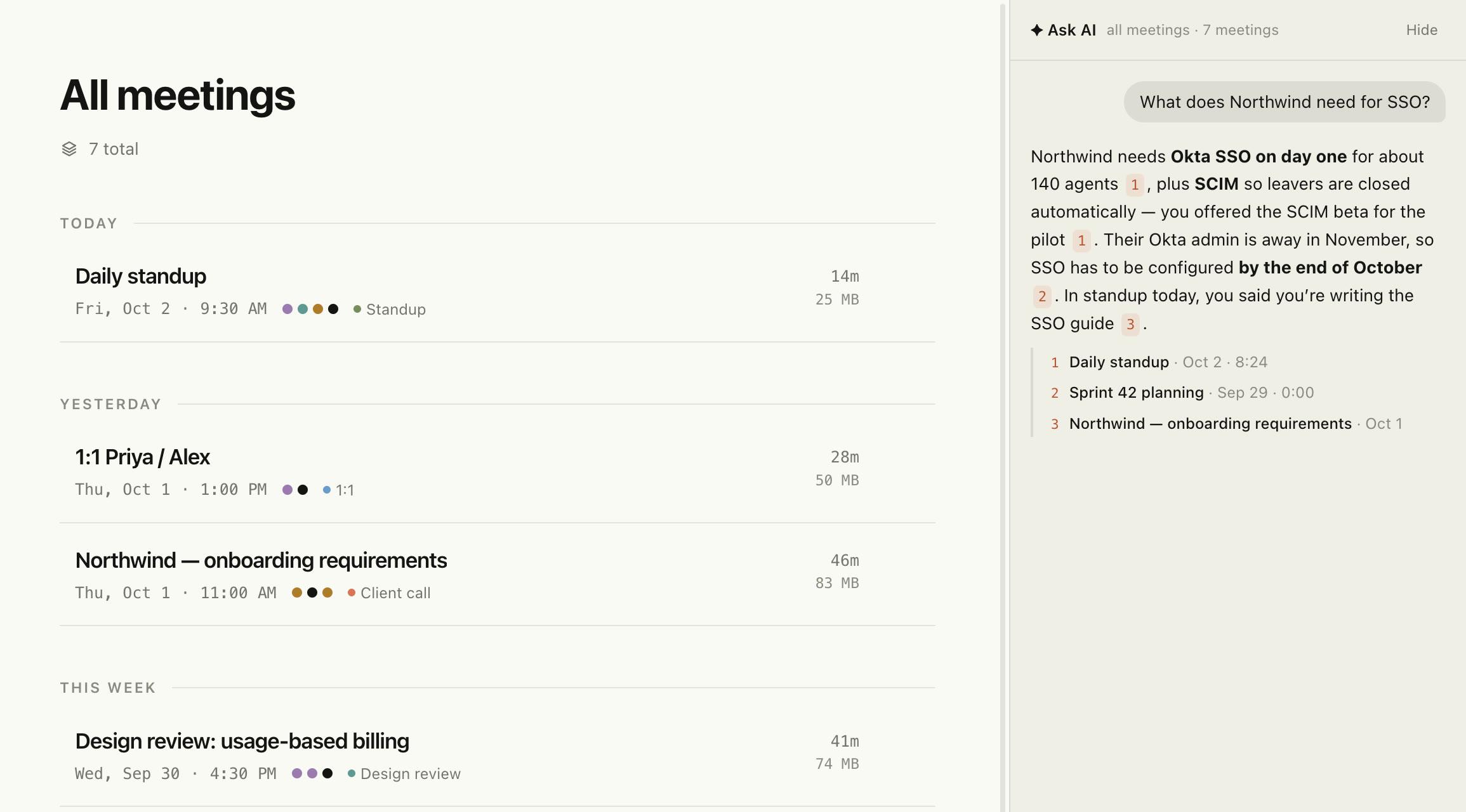 All meetings with the Ask panel: what Northwind needs for SSO, answered from three meetings, each cited