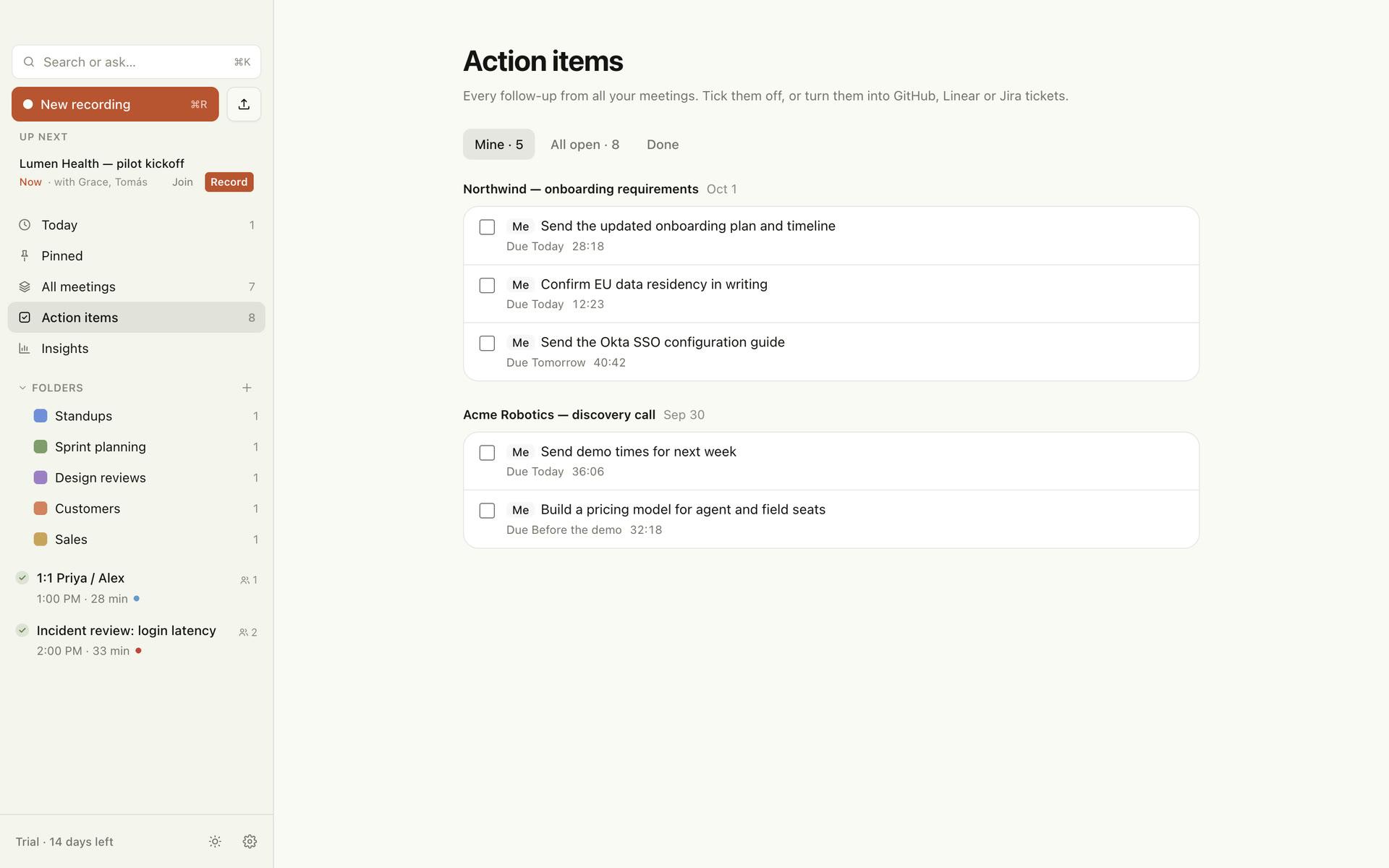 Every action item from every meeting, in one list.